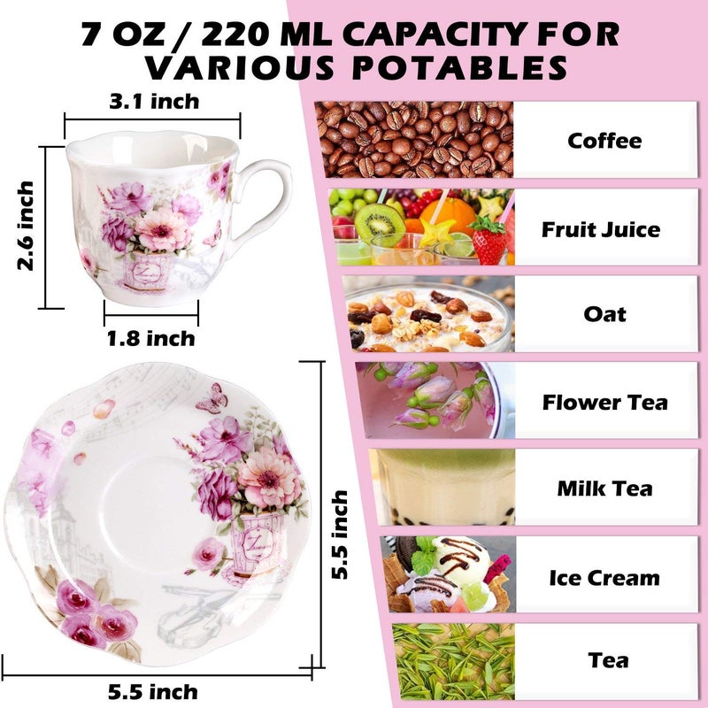 GuangYang 7 oz Porcelain Tea Cups and Saucers set of 6,Purple Fancy Floral Pattern (Perfect for Cappuccino, Flat white Coffee, Americano, Hot Tea, or Desserts) - Image 4